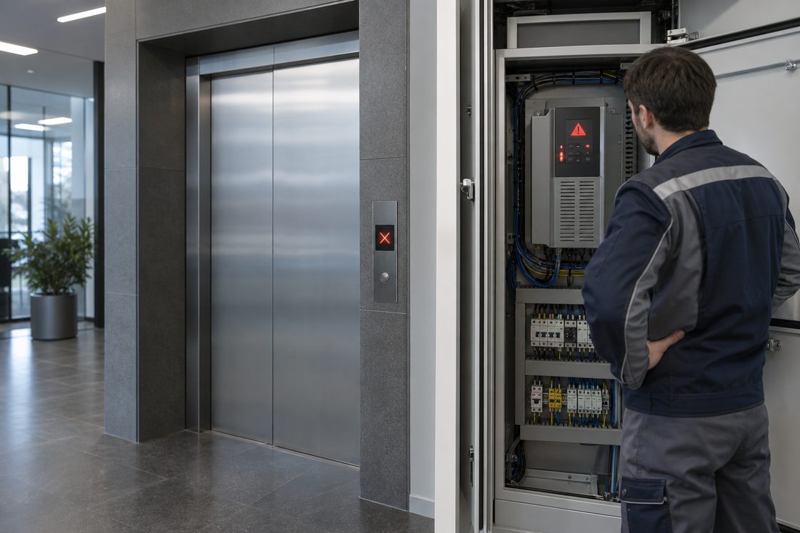 Servicetechniker vor geöffnetem Frequenzumrichter-Schaltschrank neben einem stehenden Aufzug mit rotem Warnhinweis auf dem Display