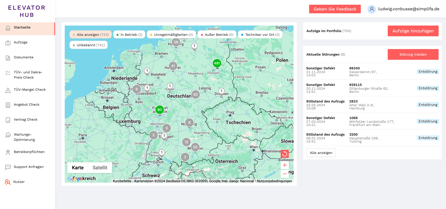 ELEVATOR HUB Portfolioübersicht mit Kartenansicht Deutschland